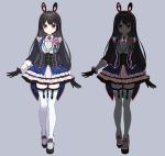  1girl alternate_costume animal_ears bangs black_gloves black_hair black_legwear blue_eyes blush bow braid brooch bunny_ears character_sheet clover commentary corset frilled_skirt frills full_body gloves glowing hair_ornament hairclip headphones headset jewelry long_hair long_sleeves looking_at_viewer miniskirt nijisanji rainbow shoe_bow shoes skirt smile thighhighs tsukino_mito vest virtual_youtuber white_legwear yamabukiiro zettai_ryouiki 