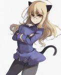  animal_ears black_legwear blonde_hair blush cat_ears cat_tail crossed_arms crotch_seam glasses long_hair military military_uniform panties panties_under_pantyhose pantyhose pepe_(jonasan) perrine_h_clostermann smile solo strike_witches tail underwear uniform world_witches_series yellow_eyes 