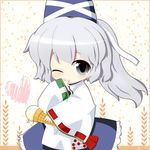  bad_id bad_pixiv_id blush cocozasa covering_mouth food grey_eyes grey_hair hat heart highres ice_cream japanese_clothes mononobe_no_futo one_eye_closed ponytail ribbon short_hair smile solo star tate_eboshi touhou 