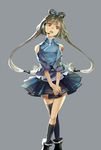  bare_shoulders belt black_legwear grey_background hair_ornament hair_rings head_tilt headset long_hair luo_tianyi open_mouth red_eyes rifsom shirt short_hair_with_long_locks silver_hair simple_background single_sock single_thighhigh skirt socks solo thighhighs v_arms vocaloid vocanese 