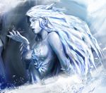  blue_eyes breasts copyright_request frozen ice long_hair medium_breasts solo usatarou white_hair 