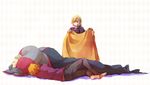  2boys barefoot blanket blonde_hair braid caster_(fate/zero) covering_with_blanket fate/apocrypha fate/zero fate_(series) headpiece jacket jeanne_d'arc_(fate) jeanne_d'arc_(fate)_(all) multiple_boys orange_hair purple_jacket sleeping suzu_(nattu991) uryuu_ryuunosuke 