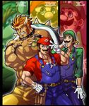  3boys angry bara blue_eyes bowser claws hat horns luigi male male_focus mario mario_(series) multiple_boys muscle nintendo personification red_eyes red_hair super_mario_bros. tattoo 