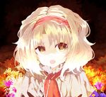  alice_margatroid bad_id bad_pixiv_id blonde_hair brown_eyes capelet floral_background headband messy_hair open_mouth poa short_hair solo touhou upper_body 