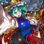  album_cover cover electric_guitar flower green_eyes green_hair guitar hat instrument les_paul lightning o/p.com open_mouth ribbon shiki_eiki short_hair skirt solo spider_lily touhou 