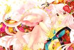  animal_ears breasts cleavage dragon_ears dragon_girl dragon_horns dragon_tail floral_print highres horns long_hair medium_breasts monster_girl original pink_hair solo sorakase_sawa tail yellow_eyes 