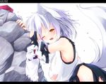  animal_ears breasts detached_sleeves ginzake_(mizuumi) hanging_breasts hat huge_breasts inubashiri_momiji letterboxed one_eye_closed open_mouth short_hair solo tail tears tokin_hat torn_clothes touhou white_hair wolf_ears wolf_tail yellow_eyes 