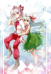  barefoot bow ex-keine fujiwara_no_mokou green_hair hair_bow horns kamishirasawa_keine long_hair multiple_girls pants red_eyes touhou white_hair yetworldview_kaze 