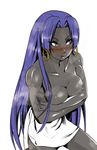  asashin_(kazami-tomo) assassin_(fate/zero) bad_id bad_pixiv_id bare_shoulders blue_hair blush breast_hold breasts cleavage earrings fate/zero fate_(series) female_assassin_(fate/zero) grey_skin jewelry large_breasts long_hair muscle naked_towel ponytail solo towel yellow_eyes 