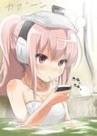  akagi_asahito bad_id bad_pixiv_id bare_shoulders bath bathing bathtub blush candy cellphone food headphones highres jewelry lollipop long_hair mouth_hold naked_towel necklace phone pink_hair ponytail purple_eyes sketch solo steam tantei_opera_milky_holmes tooyama_saku towel towel_on_head 