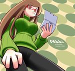  breasts brown_eyes brown_hair character_name copyright_name from_below glasses handheld_game_console large_breasts long_hair looking_down mouth_hold nikki_(swapnote) nintendo nintendo_3ds red-framed_eyewear ribbed_sweater sharekoube_(bonehead_workshop) smile solo standing stylus swapnote sweater turtleneck 