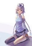  bare_shoulders belt brown_eyes grey_hair hair_ornament headset luo_tianyi madyy mismatched_legwear short_hair_with_long_locks single_thighhigh sitting skirt smile solo thighhighs vocaloid vocanese 