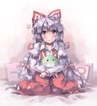  :3 anger_vein bed blush bow ex-keine fujiwara_no_mokou full_body hair_bow horn_ribbon horns huanxiang_huifeng kamishirasawa_keine kamishirasawa_keine_(hakutaku) long_hair pants pillow pink_eyes ribbon silver_hair sitting solo sukusuku_hakutaku suspenders tears touhou very_long_hair wariza 