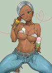  :p areola_slip areolae bianca_(pop'n_music) bikini_top breasts character_request cleavage dark_skin denim earrings green_eyes high_heels jeans jewelry large_breasts messy nail_polish nanboku navel one_eye_closed pants pop'n_music shoes short_hair silver_hair simple_background solo squatting stiletto_heels tongue tongue_out 