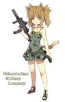  animal_ears bare_shoulders bow brown_hair cat_ears cat_tail dress glock gun h&amp;k_mp7 handgun heckler_&amp;_koch mamecchi neko_no_wakusei original petite red_eyes short_hair solo submachine_gun suppressor tail twintails weapon 