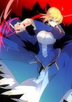  ahoge artoria_pendragon_(all) blonde_hair blue_eyes dress fate/stay_night fate_(series) green_eyes hair_ribbon hiramatsu_(rama) invisible_air ribbon saber solo 