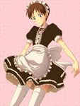  apron black_dress blue_eyes blush bow brown_hair crossdressing dress frilled_dress frills gaju ikari_shinji lace maid maid_apron maid_headdress male male_focus neon_genesis_evangelion pink_background puffy_sleeves short_hair solo sweatdrop thighhighs trap white_legwear 