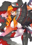  bodysuit breasts cameltoe drill_hair fang green_eyes highres huge_breasts long_hair looking_at_viewer mecha_musume navel open_mouth orange_hair original simple_background skin_tight solo symbol-shaped_pupils tro very_long_hair 