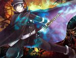  black_hair cape devil_summoner grey_eyes hat holster katana kuzunoha_raidou male_focus megami_tensei ryoko_(game_x_over) school_uniform shako_cap sheath shin_megami_tensei solo sword tube unsheathing weapon 