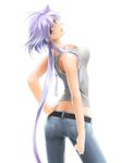  ass belt blue_eyes breasts cleavage denim hand_on_hip heterochromia jeans lavolpe_(yagisaka_seto) light_smile long_hair looking_at_viewer looking_back medium_breasts original pants purple_eyes sidelocks silver_hair simple_background solo tank_top very_long_hair yagisaka_seto 