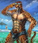  beach beach_umbrella biceps body_hair bulge canine cheetah cheetah_paws cheetahpaws clothed clothing cloud ear_piercing eyewear feline fur goggles hair happy_trail looking_at_viewer male mammal muscles navel nipples outside pecs piercing pubes red_hair seaside shorts skimpy solo speedo spots sunglasses swimsuit water waving wet whiskers white_fur wolf yellow_eyes yellow_fur 