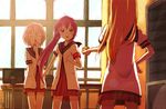  blonde_hair blood glasses hand_on_hip hand_on_own_face hoketsu ikeda_chitose multiple_girls nanamori_school_uniform nosebleed purple_hair school_uniform serafuku silver_hair sugiura_ayano toshinou_kyouko yuru_yuri 