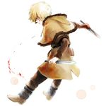  arm_at_side belt_pouch blonde_hair blood blood_on_face blood_splatter bloody_hands bloody_weapon boots brown_pants capelet closed_mouth dagger dual_wielding from_behind frown full_body fur_trim holding long_sleeves looking_at_viewer male_focus natsuo_(hatohaco) outstretched_arm pants pouch profile reverse_grip shaded_face short_over_long_sleeves short_sleeves sideways_glance solo thorfinn tunic vinland_saga weapon white_background 