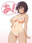  a azumanga_daiou bare_shoulders bikini breasts brown_eyes brown_hair collarbone commentary_request covered_nipples hand_on_hip kagura_(azumanga_daiou) large_breasts looking_at_viewer micro_bikini shikuta_maru short_hair smile solo speech_bubble swimsuit tan tanline 