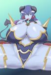  armor astaroth astaroth_(shinrabanshou) bare_shoulders blue_hair blue_skin breasts choker chubby cleavage curvy demon_girl demon_tail detached_sleeves devil earrings elbow_gloves fingerless_gloves gigantic_breasts gloves heart hearts highres horns huge_breasts jewelry lick licking long_hair milf naughty_face navel pendant plump pointy_ears shinrabanshou simple_background sitting spikes spread_legs succubus tail thick_thighs thighs tongue tongue_out yasumon yellow_eyes 