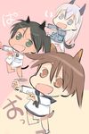  3girls animal_ears black_hair brown_eyes brown_hair chibi dance dancing eila_ilmatar_juutilainen extra_ears fang francesca_lucchini green_eyes grey_eyes long_hair lowres military military_uniform miyafuji_yoshika multiple_girls open_mouth school_uniform serafuku shimada_fumikane short_hair strike_witches thriller translation_request twintails uniform white_hair 