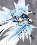  alternate_costume blue_eyes blue_hair bow cirno cosplay crystal_sword elbow_gloves gloves grey_background grin hair_bow ice ice_wings look-alike mahou_shoujo_madoka_magica miki_sayaka miki_sayaka_(cosplay) short_hair simple_background smile solo sword thighhighs touhou weapon white_legwear windfeathers wings 