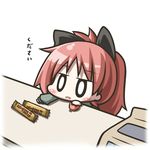  aoblue bag blush bow chibi food hair_bow mahou_shoujo_madoka_magica red_hair sakura_kyouko solo umaibou wallet 