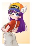  baseball_cap blush child clothes_writing dr._slump from_behind glasses hat head_wings long_hair norimaki_arale overalls purple_eyes purple_hair shirt solo t-shirt tomcat winged_hat 