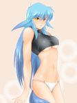  :o bare_shoulders blue_eyes blue_hair blush breasts covered_nipples fang follower_(yagisaka_seto) fundoshi heterochromia japanese_clothes long_hair medium_breasts navel open_mouth original shirt slit_pupils solo tail taut_clothes taut_shirt underboob very_long_hair yagisaka_seto yellow_eyes 