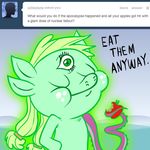  3rd_eye animal_ears applejack_(mlp) ask_jappleack eating english_text equine eyes_closed female friendship_is_magic fruit green_hair hair horse hotdiggedydemon mammal multiple_eyes mutant my_little_pony pony solo tentacles text tumblr 