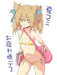  animal_ears bag bare_shoulders bikini blush book brown_hair cat_ears flat_chest food green_eyes hair_ribbon leaning_forward looking_at_viewer lowleg mamecchi mouth_hold navel neko_no_wakusei original popsicle ribbon short_hair side-tie_bikini simple_background solo swimsuit 