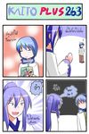  3girls 4koma :3 ? animal_ears blonde_hair blue_eyes blue_hair cat_ears catstudioinc_(punepuni) comic detached_sleeves fang green_eyes green_hair hair_ribbon hatsune_miku highres kagamine_len kagamine_rin kaito kamui_gakupo manga_(object) multiple_boys multiple_girls open_mouth original pants ponytail puni_(miku_plus) purple_eyes purple_hair red_hair ribbon scarf shirt smile speech_stab spring_onion thai translated twintails vocaloid 