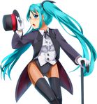  aqua_eyes aqua_hair bad_anatomy cane fishnet_pantyhose fishnets gloves hat hatsune_miku highres leotard long_hair looking_at_viewer magician miracle_paint_(vocaloid) open_mouth pantyhose project_diva project_diva_(series) simple_background solo thighhighs top_hat twintails umakatsuhai vocaloid 