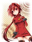  3373_(echoes) bad_id bad_pixiv_id elsword elsword_(character) frown genderswap genderswap_(mtf) gloves knight_(elsword) long_hair ponytail red red_eyes red_hair sepia_background sweater thighhighs zettai_ryouiki 