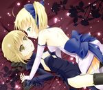  artoria_pendragon_(all) bow dress dual_persona elbow_gloves fate/stay_night fate_(series) gloves highres holding_hands interlocked_fingers kotobuki_(momoko_factory) lying multiple_girls on_back open_mouth saber saber_alter 