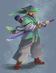  arrow arrows blonde_hair blue_eyes gauntlets hat legend_of_zelda link long_ears male male_focus pointy_ears quiver redesign samurai sandals solo standing sword the_legend_of_zelda weapon 