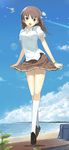  aircraft airplane bag beach black_eyes blush brown_hair cloud condensation_trail day flower hair_flower hair_ornament kneehighs kyouno_madoka lens_flare long_hair looking_at_viewer md5_mismatch nauribon open_mouth outdoors panties pleated_skirt rinne_no_lagrange sand skirt skirt_lift sky solo tiptoes underwear watch water white_legwear 