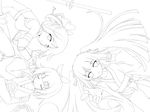  bad_id bad_pixiv_id bow chain circle_formation copyright_request greyscale japanese_clothes kimono lineart long_hair lying masaki_(machisora) monochrome multiple_girls on_back pointing short_hair sleeping smile twintails 