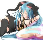  animal_ears aqua_hair arms_up bell cat's_dance_(vocaloid) cat_ears cat_tail chain closed_eyes collar dress gloves hair_ribbon hatsune_miku jingle_bell kemonomimi_mode long_hair lying on_side ribbon ribon_non simple_background smile solo tail thighhighs torn_clothes torn_dress torn_gloves twintails vocaloid zettai_ryouiki 