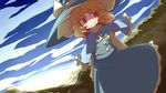  blonde_hair bow braid capelet dress hakika hat hat_bow kirisame_marisa landscape long_hair red_eyes smile solo touhou witch_hat 