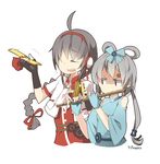  ahoge anger_vein bad_id bad_pixiv_id bare_shoulders closed_eyes fang fingerless_gloves flute gloves grey_hair highres instrument long_hair luo_tianyi multiple_girls simple_background smile sunyukun twintails vocaloid vocanese yuezheng_ling 