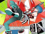  bitte blue_eyes blue_hair casual fingerless_gloves gloves guitar instrument kaito looking_at_viewer male_focus multicolored multicolored_nails nail_polish ren'ai_yuusha_(vocaloid) shoes solo vocaloid 