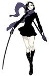  black_eyes black_hair boots dogs:_bullets_&amp;_carnage full_body fuyumine_naoto gloves katana long_sleeves miwa_shirou scarf short_hair simple_background skirt solo standing sword weapon 
