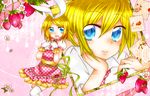  1girl blonde_hair blue_eyes brother_and_sister flower food fruit highres kagamine_len kagamine_rin ribbon short_hair siblings smile sorakase_sawa strawberry strawberry_blossoms twins vocaloid 