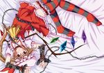  ascot blonde_hair chain collar flandre_scarlet frills hat lace maineko_ruru red_eyes side_ponytail solo striped striped_legwear thighhighs touhou wings 